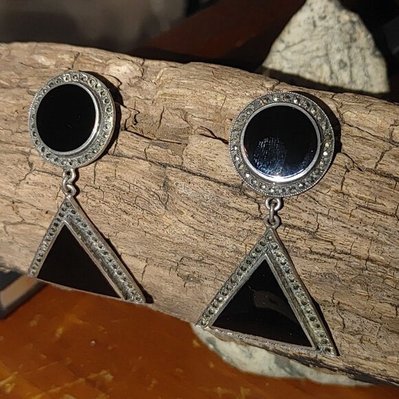 Vintage Sterling Silver Black Onyx Triangle Drop Earrings Round Studs Marcasite - Picture 8 of 12